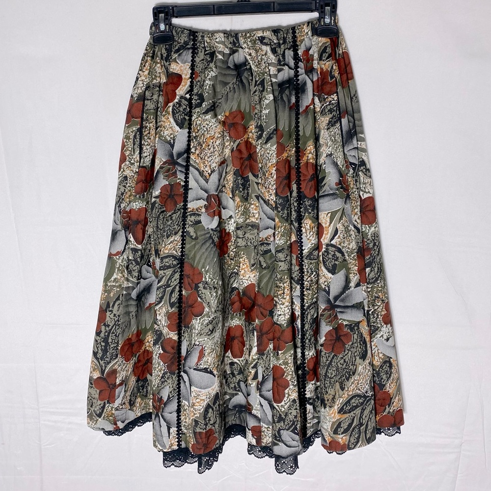 Vintage Carefree Fashions Floral Midi Skirt W Lace Trim M Prairie Cottagecore